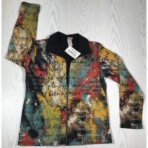 Jess & Jane Painting Floral Multicolor Print Jacket Women M Full Zip Made In USA